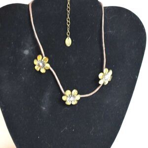 Clair's Brown Leather Brass Tone Rhinestone Accent Flower Choker Necklace